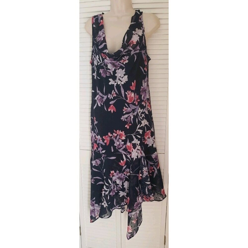 NEW CONNECTED APPAREL FLORAL CHIFFON HANDKERCHIEF HEM MIDI DRESS SZ 16